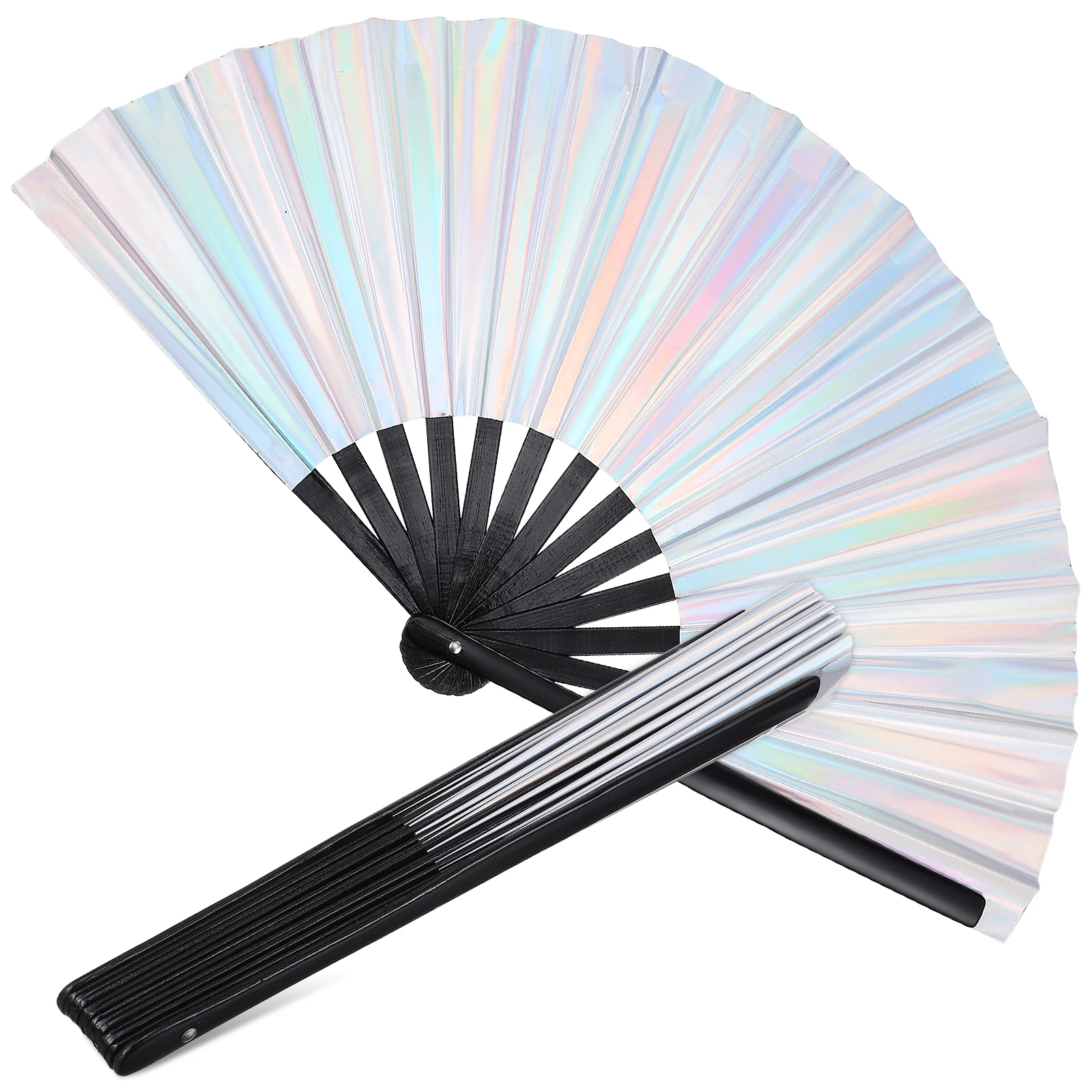 

2Pcs Iridescent PVC Bamboo Kung Fu C14 Folding Hand Fan Lightweight Portable Rave Wedding Carnival Decorative Large Foldable Fan