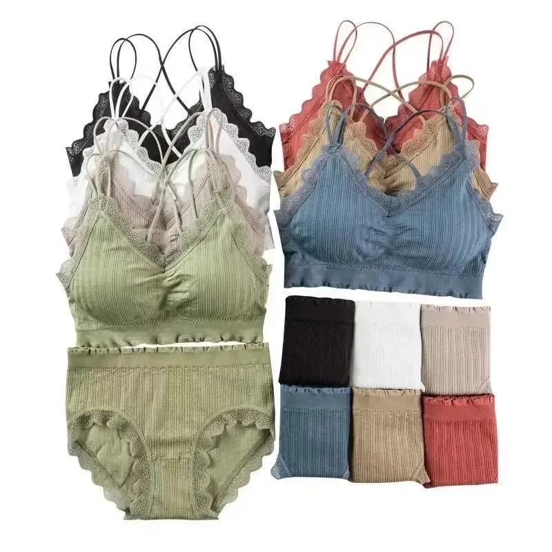 Conjunto de Tops sexis sin costuras, bragas de cintura alta, ropa interior inalámbrica para mujer, conjunto de sujetadores acolchados suaves, Bralette con espalda al aire, lencería