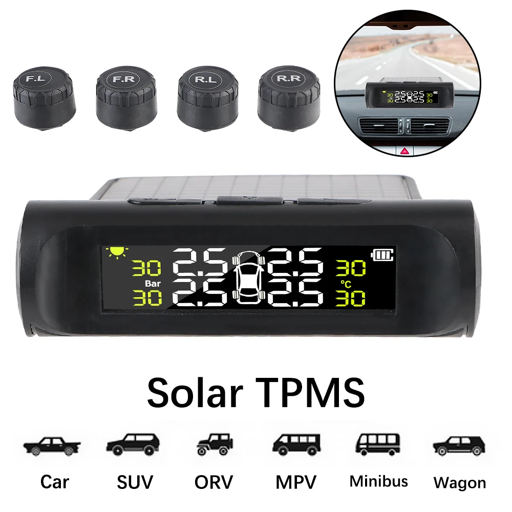 Système de surveillance de la pression de la voiture, version batterie, TPMS avec 4 capteurs externes, écran LCD numérique, systèmes d'alarme de sécurité automatique