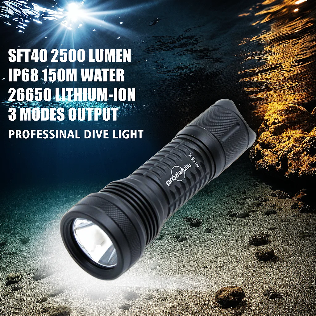 Professional Technical Diving Flashlight SFT40 2500 Lumen IP68 150M Lithium-ion Rechargeable 26650 Scuba Dive Light