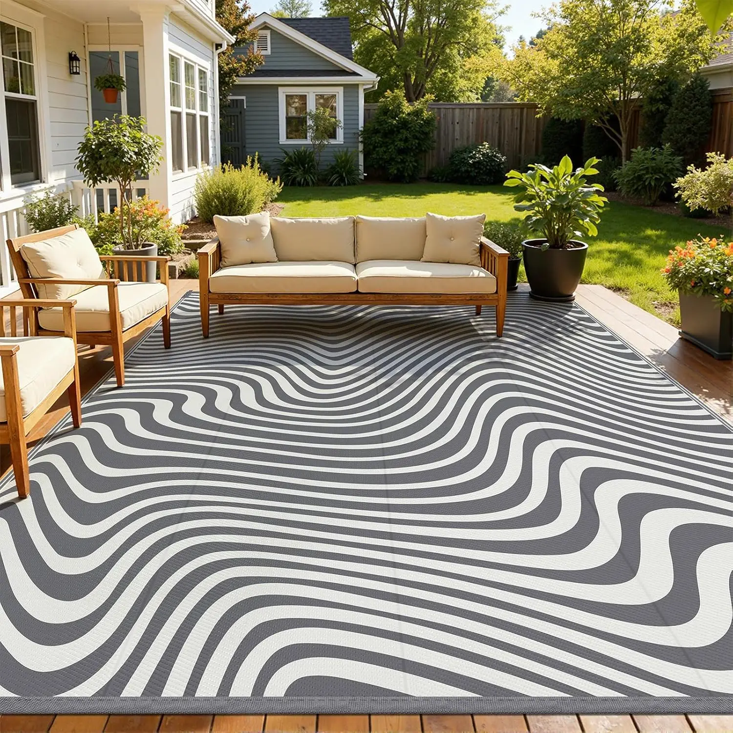 

8x10 Outdoor Patio Rug, Waterproof Woven Plastic Straw Camping Mat, Grey Reversible Striped Carpet for Porch Deck Balcony