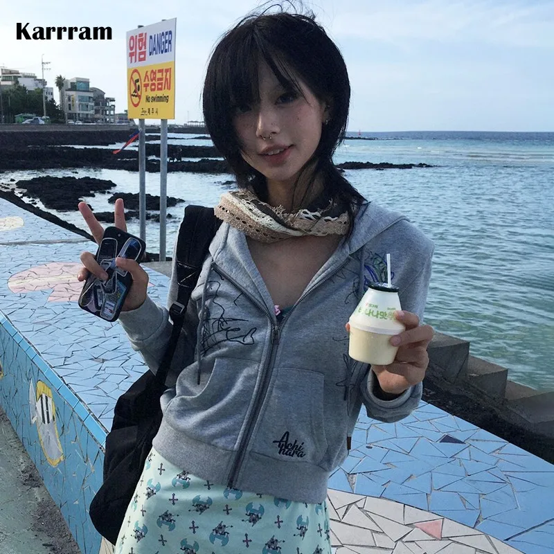 Karrram Japanese Y2k Cropped Jacket Vintage Harajuku Short Coat 2000s Korean Fashion Graffiti Print Zipper Hooded Sweatshirt 90s