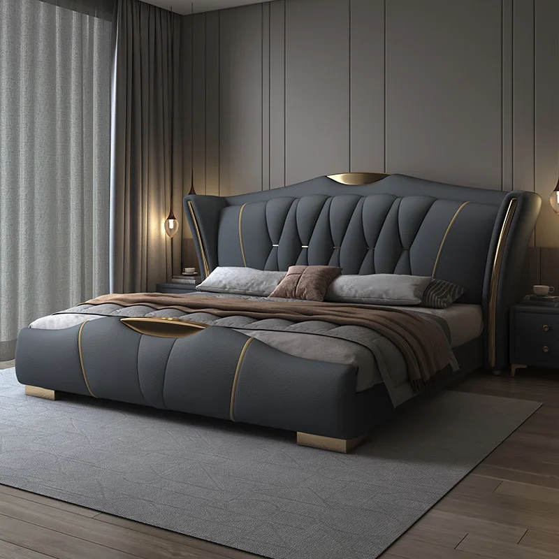 Beautiful bed with queen size bed, luxurious modern style, 1.5m soft leather bed, 1.8m double bed with wooden frame
