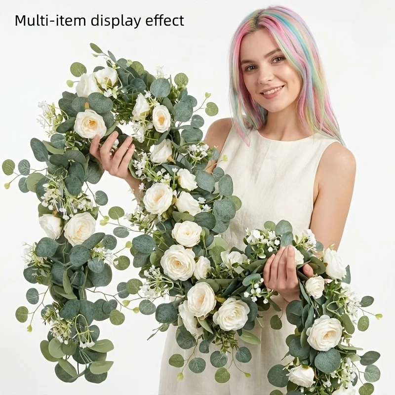 175cm/68.9In Artificial Eucalyptus Garland with White Roses Realistic Simulation Floral Green Vine Wedding Party Background Deco