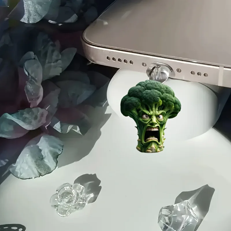Cartoon Broccoli Phone Dust Plug with Shiny Pendant Compatible Universal Phone Dust Cover