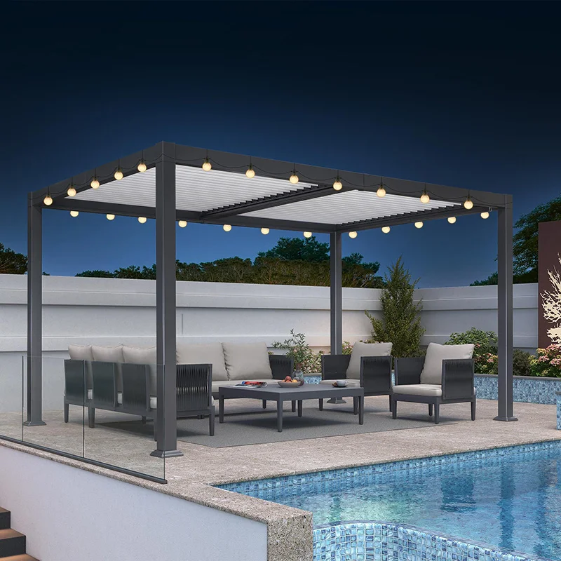 Outdoor Bioclimatic Pergola Aluminum Louvered Roof Electric Sunshade with LED Lights for Swimming Pool