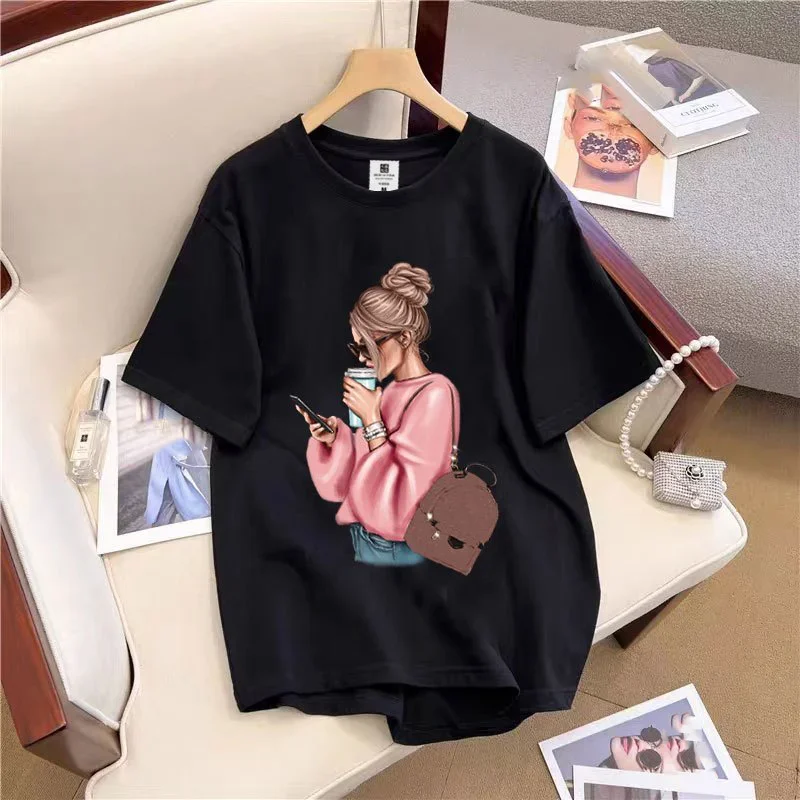 

New Women T Shirt Summer Fashion Korean Print Short Sleeved Woman Casual Round Neck Clothing Tops Harajuku Sleeve Casual