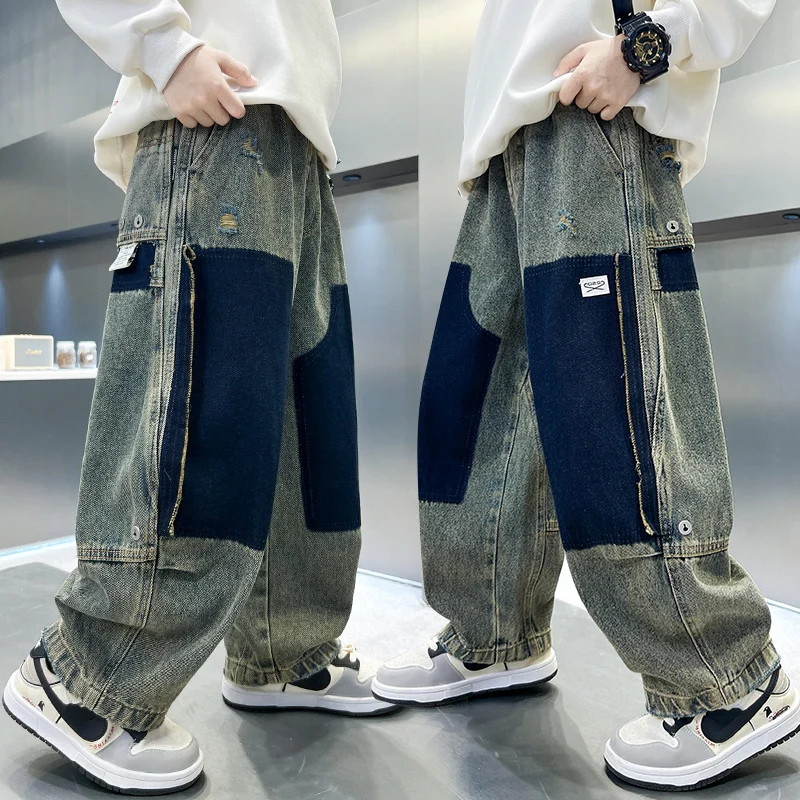 

High Fashion Kids Child Streetwear Retro Patchwork Denim Pants y2k Jeans For Teenage Boy Casual Baggy Jeans Trousers 5 To 14 Y