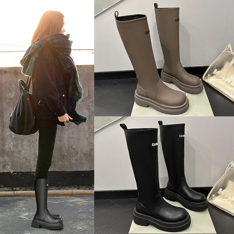 Nuova collezione Brand Designer autunno New Black Chunky Heel Womens Knee High Vintage Boots Botas Femininas De Couro Legitmos