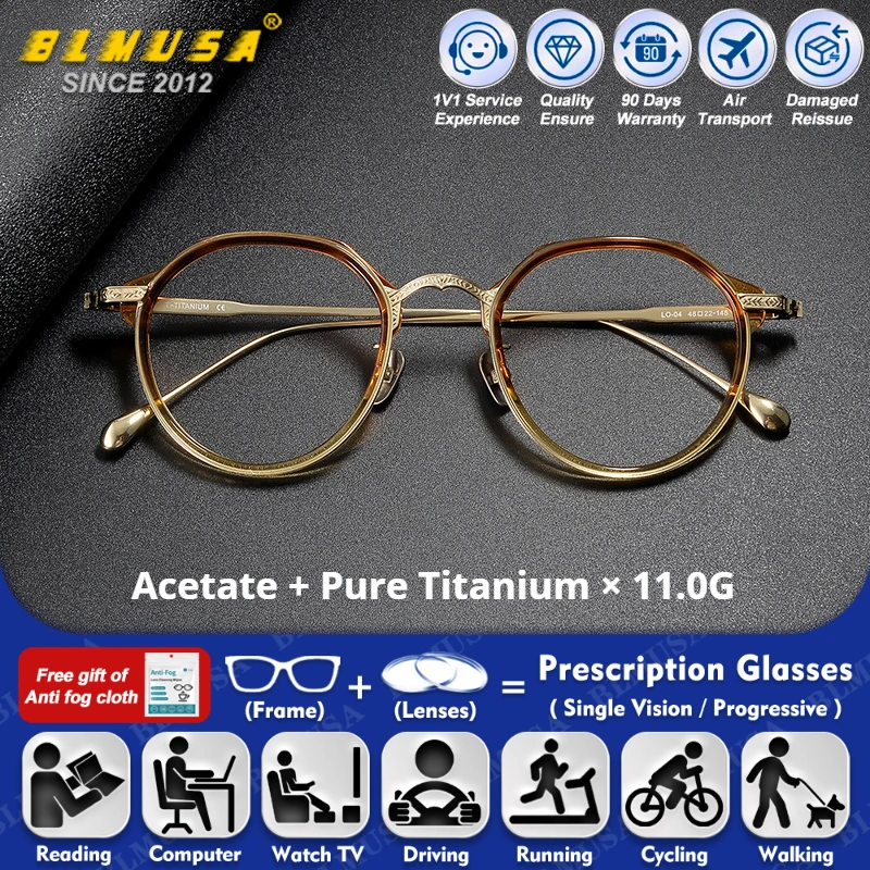 

BLMUSA (S) High Quality Round Handmade Pure Titanium Acetate Eyeware Frame Men Women Anti Blue Ray Optical Prescription Glasses