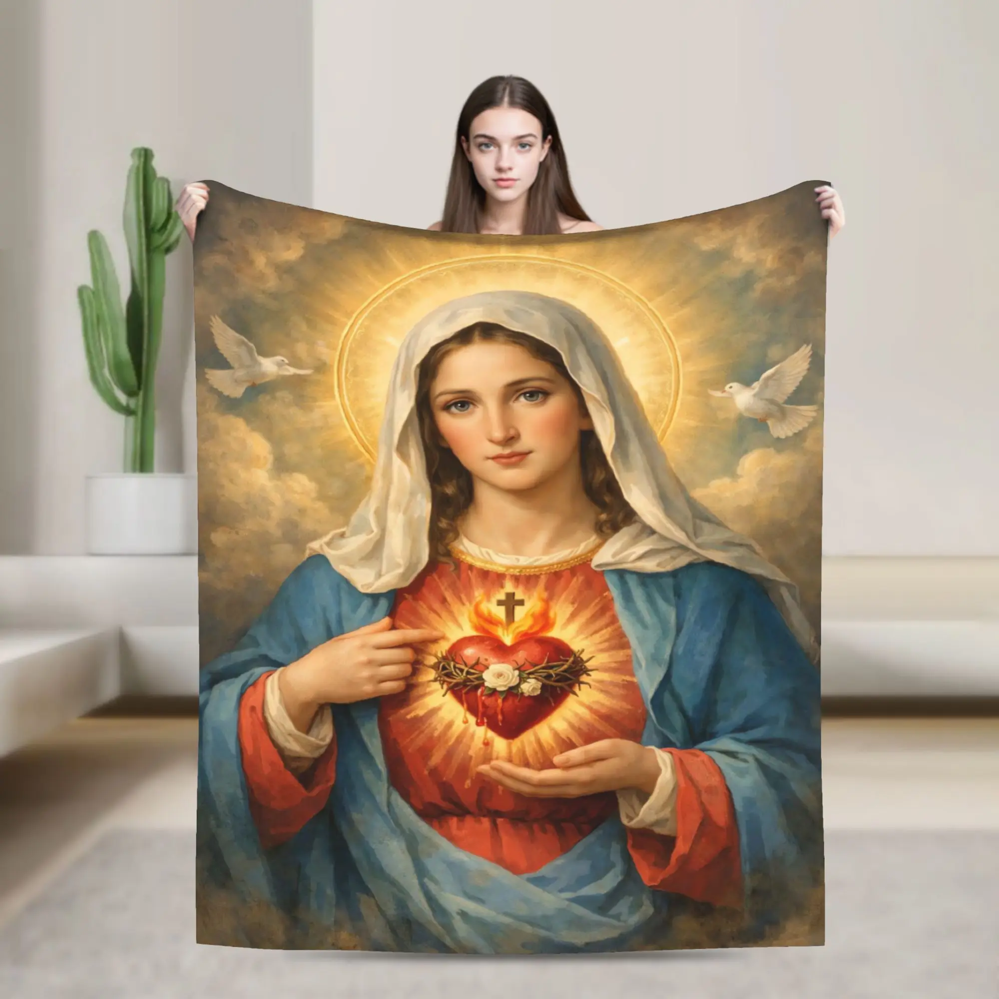 Virgin Mary Cherubs Rose Flannel Blanket  Super Warm Bedding Throws for Couch Chair Travel Aesthetic Bedspread Sofa Bed Cover