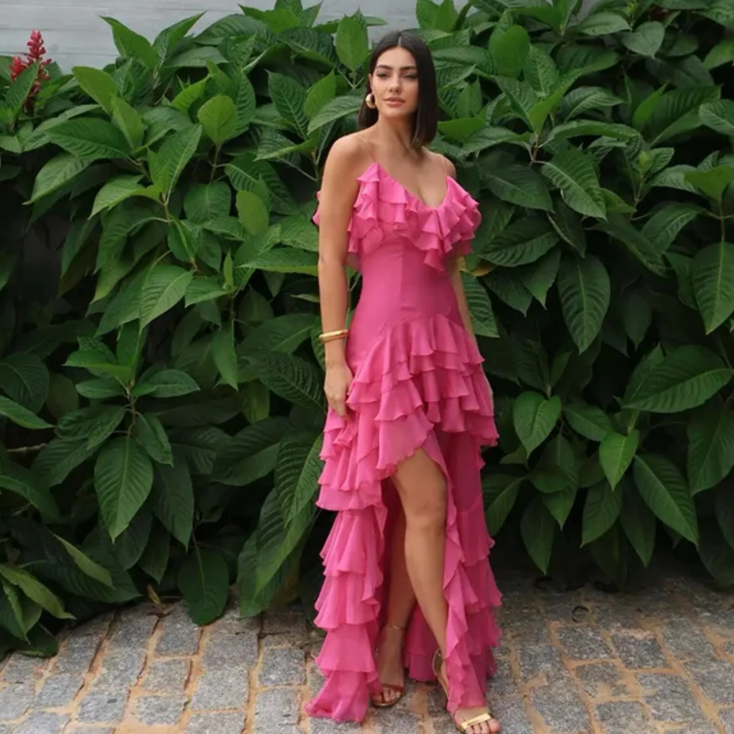 

Rose Pink Customized Evening Dresses A Line Women High Low Vestidos de Soriee Tiered Ruffled Cocktail Dresses Beach Party