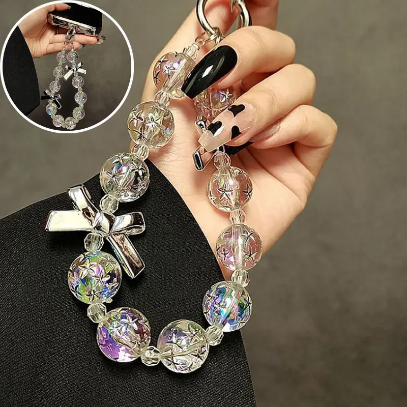 

INS Bling Star Bowknot Clear Phone Chain For Phone Case Keychain Wrist Strap Lanyard For Phone Stylish Bag Charm Car Pendants