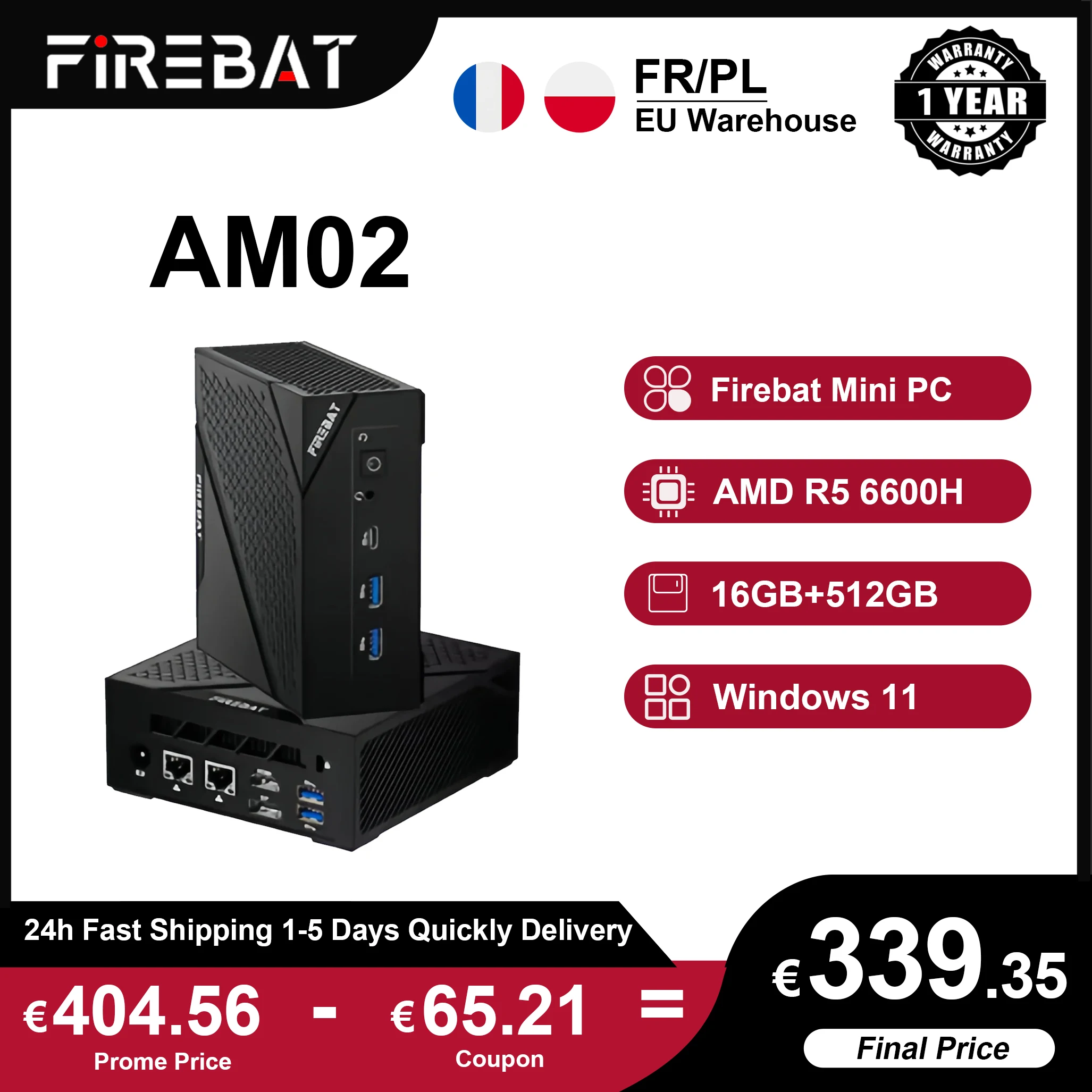 FIREBAT AM02 mini PC AMD Ryzen 5 6600H DDR5 16GB RAM 512GB SSD WIFI6 BT5.2 Przenośny Komputer Stacjonarny MINI PC Port Sieciowy HDMI
