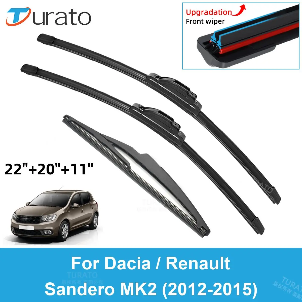 

3PCS Car Wiper Blades for 2012-2015 Dacia / Renault Sandero MK2 Rear Windshield Wipers Double Rubber Car Accessories 2014 2015