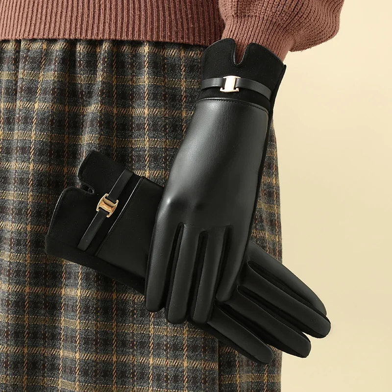 Women Winter Warm Gloves Fleece-Lined to Heattech and Touch Screen Gloves Pu Elegant and Exquisite Cycling and Driving Gloves