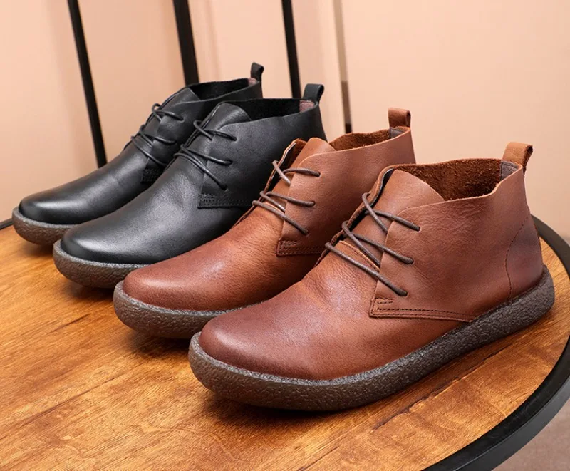 

Soft Cowhide Mens Boots Luxury Genuine Leather 2026 Autumn Round Toe Flat Outdoor Vintage Short Black Social Shoes Male Size 44