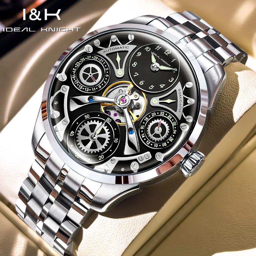 IDEAL KNIGHT Men's Watch Top Brand Original Watches Auto Date Flywheel Skeleton Automatic Mechanical Wristwatch