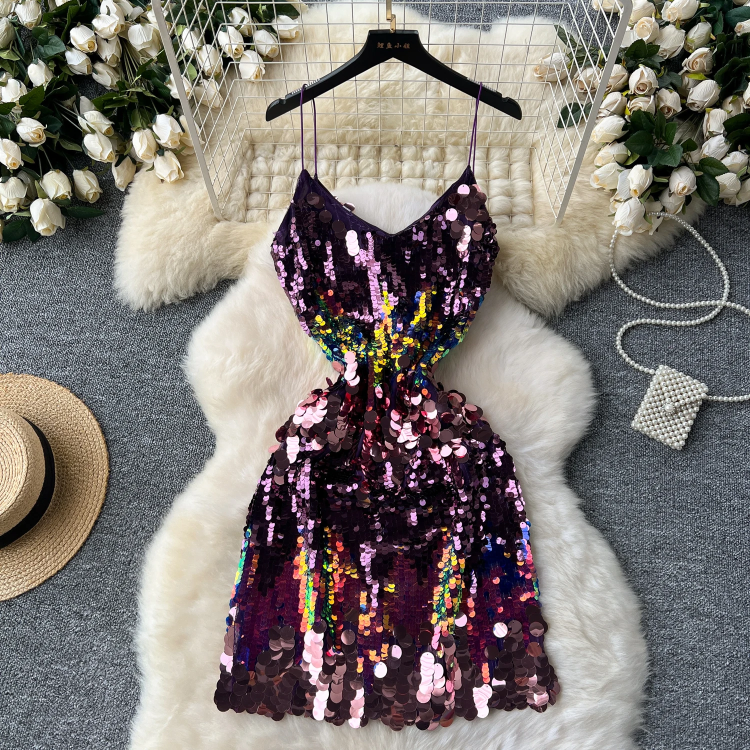 Women Elegant vneck sequin backless slip Dress Sexy Fashion Vestidos summer basics Slim sweet Hip Wrap dresses