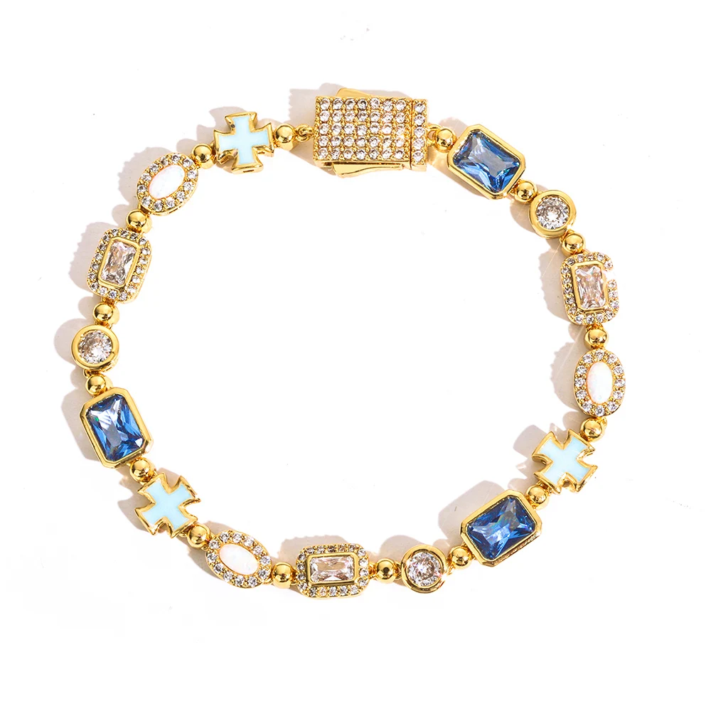 

HHIOK Hip Hop Jewelry 6mm Geometric Blue Cross Bracelet Iced Out Cubic Zirconia with Opal Gemstone Chain Party Gift