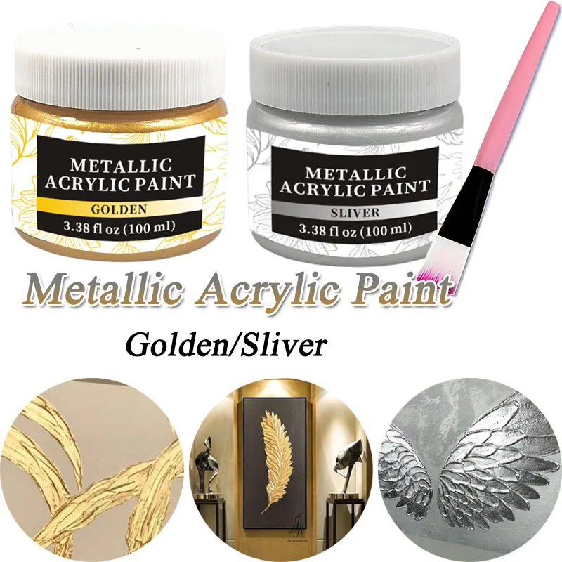 

100ML Golden/Sliver Metallic Acrylic Paint With Brush Non-Toxic Fadeless For DIY Metal Fabric Wood Canvas Crafting & Art Project