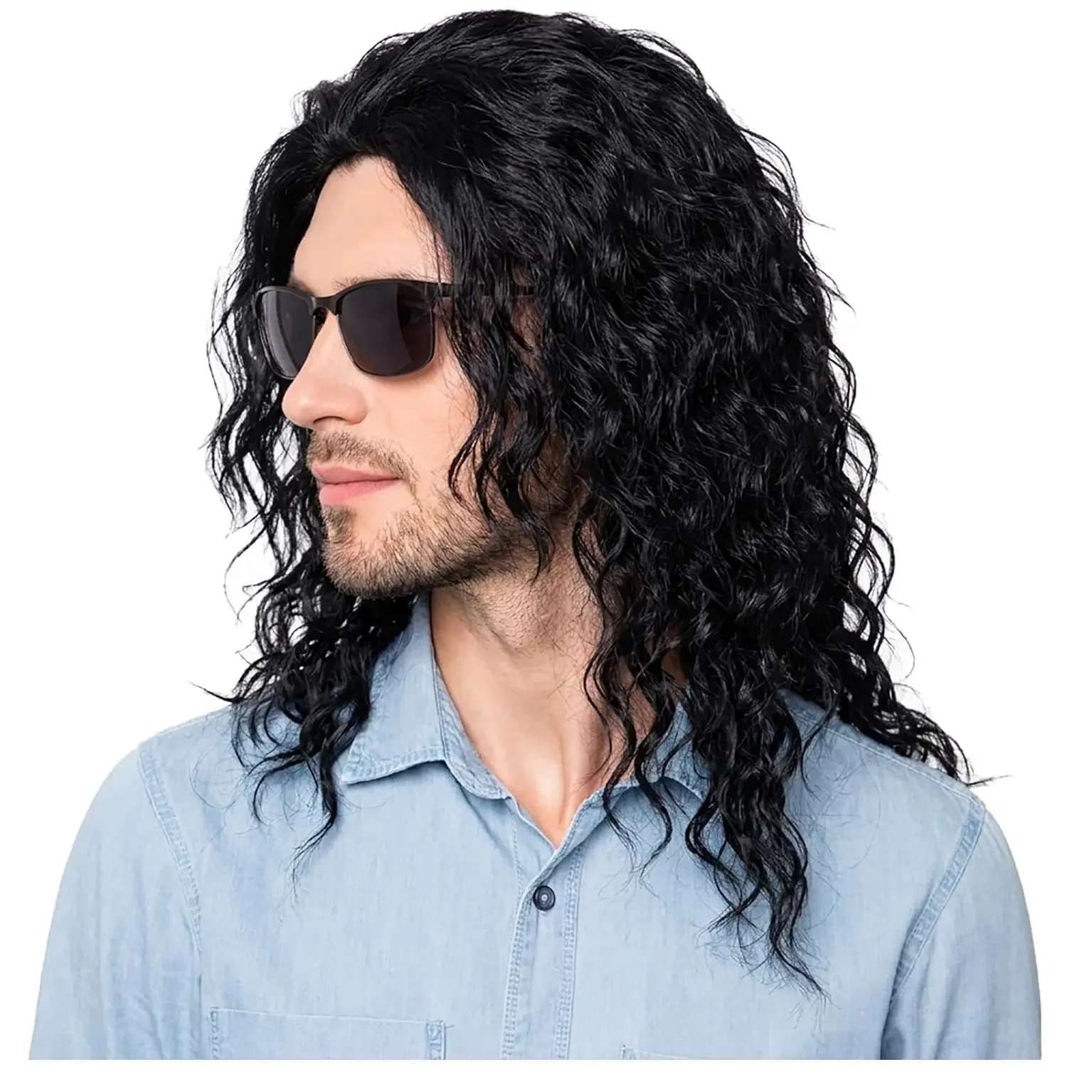 2026 Mens Black Mullet Wig 70s 80s Rocker Star Punk Hair Heat Resistant Synthetic Cosplay Costume Party Long Curly Black Wig