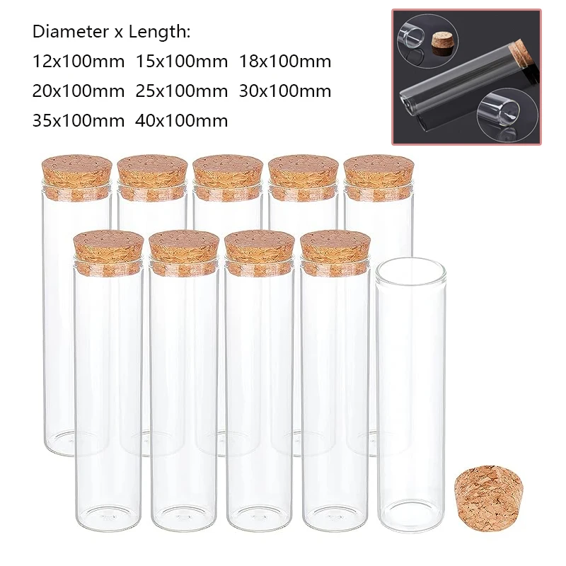 5pcs Length 100mm Multiple specifications Flat bottom Glass Test Tube with cork stoppers for kinds of TESTS Diameter 12mm-40mm