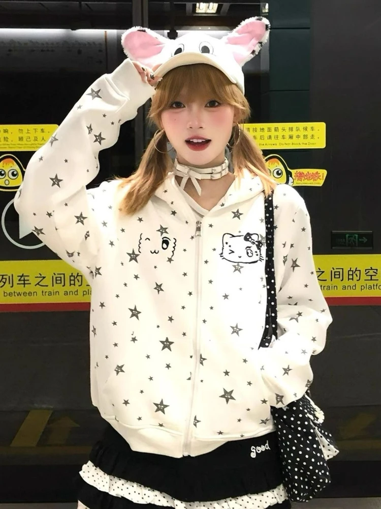 

Винтажное осеннее пальто с длинными рукавами и принтом котенка, женское модное повседневное свободное пальто с капюшоном, женское милое кавайное ретро-толстовка на молнии