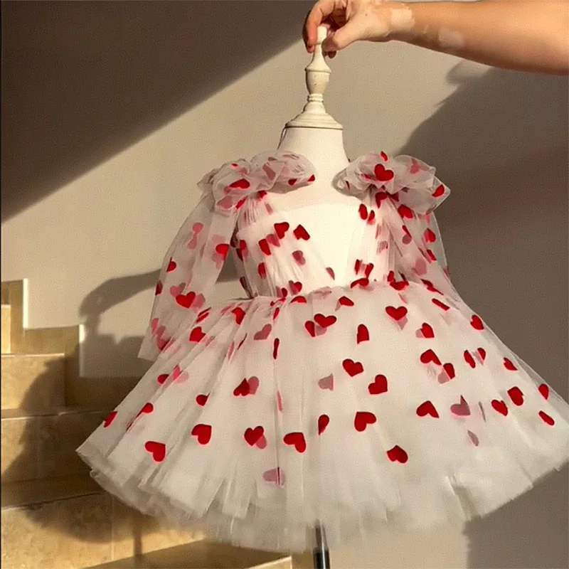 

Children Kids White Red Heart Tulle Dress Long Sleeves Gown Boutique Cute Wedding Party Dresses Girl Clothing For Birthday