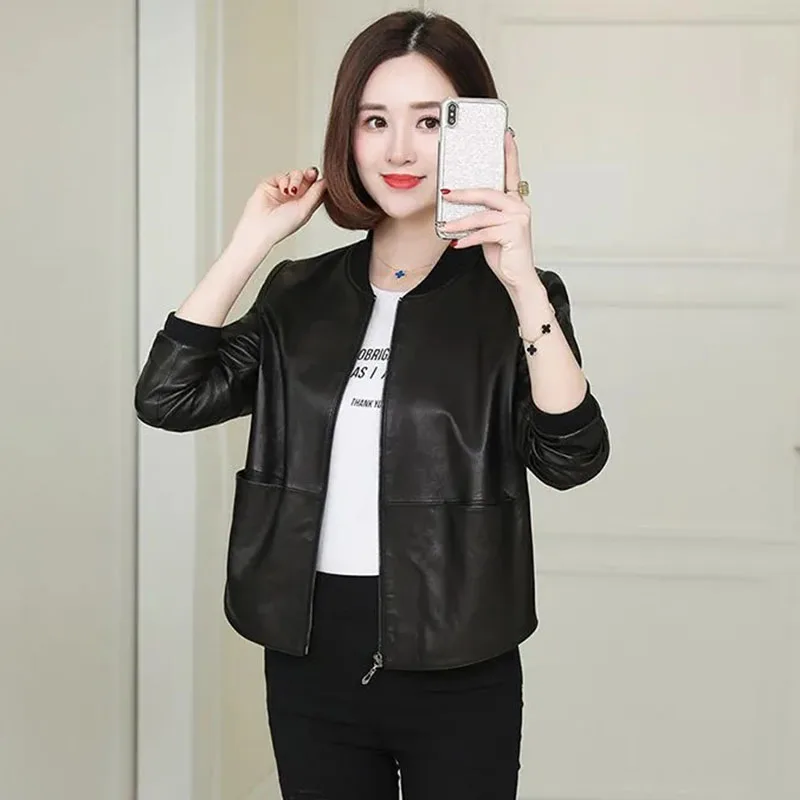Czarna skórzana kurtka damska, płaszcz ze skóry PU, jesień-zima, nowa, damska, koreańska, luźna kurtka bejsbolówka ze skóry, kurtki damskie, topy, rozmiar 4XL