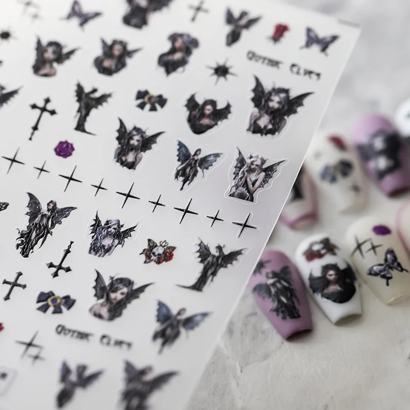 5D Realistic Relief Retro Gothic Elves Cross Asterism Butterfly Adhesive Nail Art Stickers Decals Manicure Embossed Ornaments
