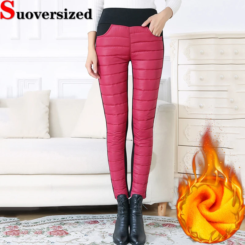 

Winter Down Cotton Pencil Pants Fashion Spliced Plush Lined Pantalones Thicken Warm Skinny Trousers Elastic Waist Casual Legging