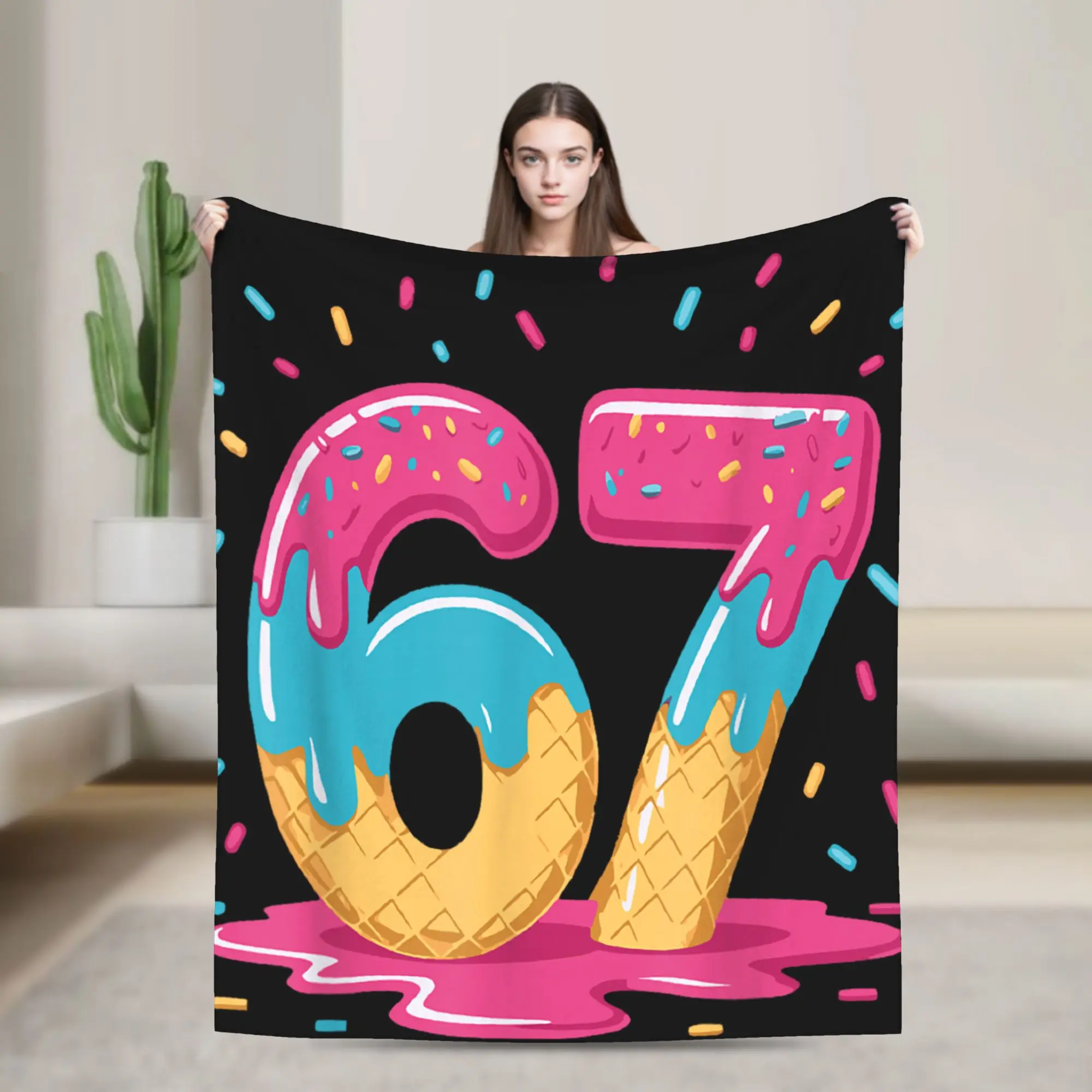 

67 Ice Cream Drip Meme Six Seven Gen Alpha Slang Plush Blanket Girl Flannel Bedding Throws For Chair Sofa Bed Soft Bedspread