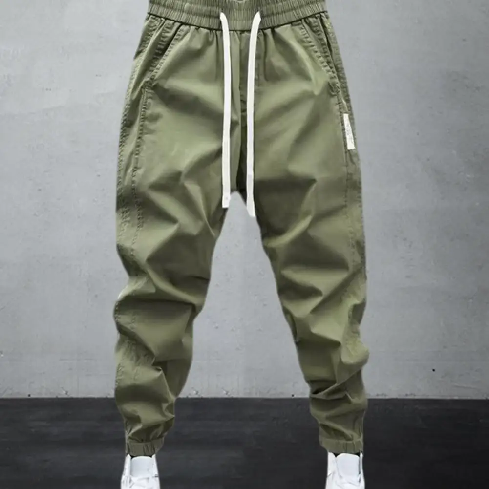 

Men Mid-rise Harem Pants Men's Drawstring Elastic Waist Casual Pants with Pockets Soft Breathable Ankle Length Trousers