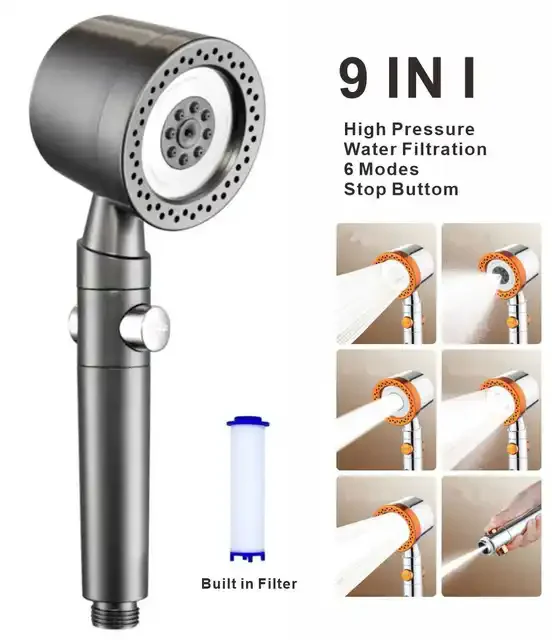 Neuer 5-Modus-Druckduschkopf mit Filter, Stopp-Taste, wassersparende Sprühdüsen, Big-Boost-Duschkopf, Badezimmerzubehör