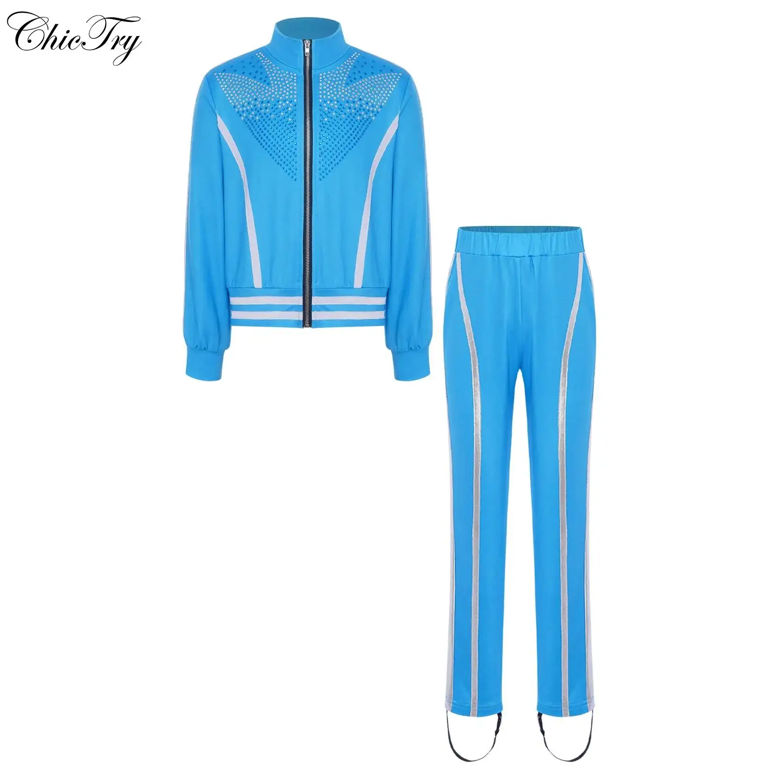 어린이 소년 피겨 스케이팅 의상 무대 의상 스탠드 칼라 긴 소매 라인스톤 재킷과 바지 연습 공연용