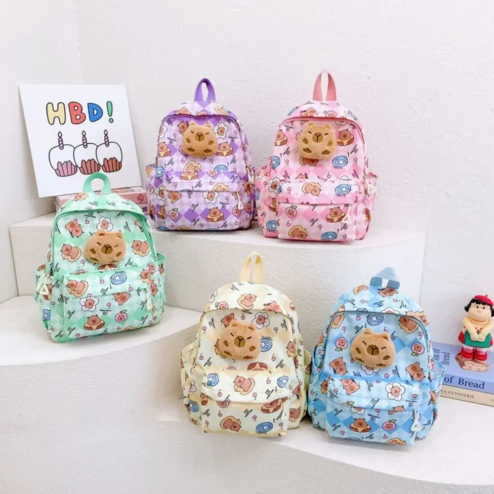 Mochila de capibara de dibujos animados Kawaii, mochila escolar de nailon de gran capacidad para guardería, mochila de viaje ligera y colorida para niños