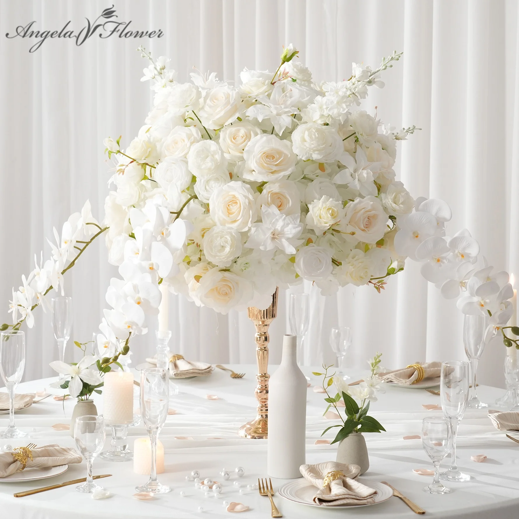 Angela A7715 White Orchid Delphinium Table Centerpiece Ball Floral Arrangement Flower Row Runner Wedding Backdrop Props Decor