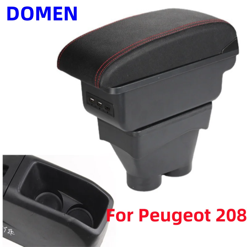 

For Peugeot 208 Armrest Box Central Store Content With Retractable Cup Hole Large Space Dual Layer USB 2012-2018