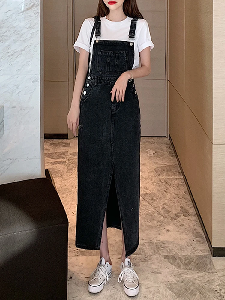 Teen Girls Casual Pencil Dresses Female Adjustable Strap Jean Dresses Blue Black Summer 2022 Women Denim Dress Sundress