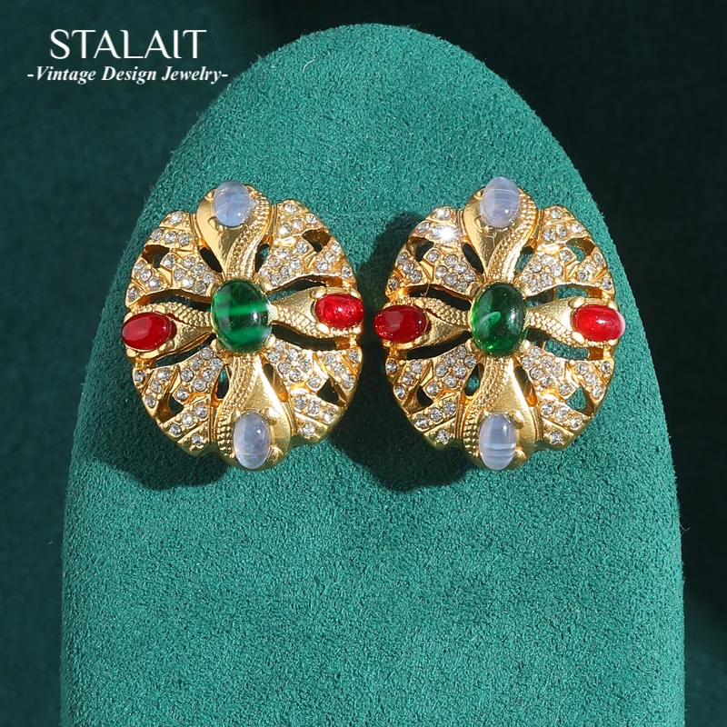 

Vintage Gold Color Stud Earrings Gothic Green Red Glass Palace Cross Luxury Dubai Jewelry For Woman Charm Accessories 2025 New