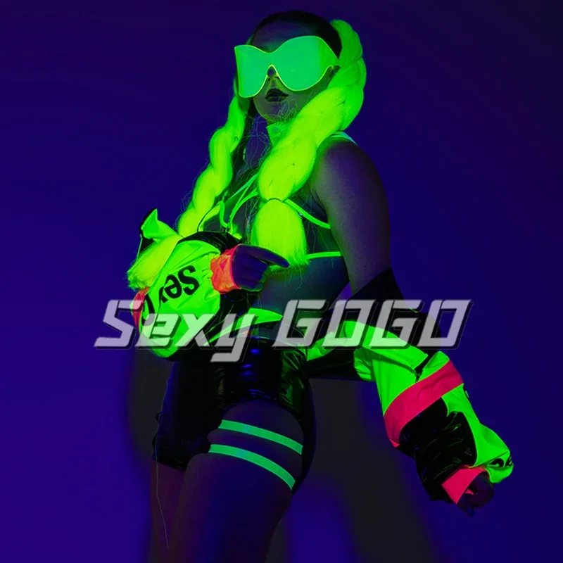 Bar Klub nocny DJ Ds Scena Rave Strój Seksowny Kostium Tancerki Gogo Fluorescencyjny Zestaw Kolorów Peruki Damskie Ubrania na Imprezę Festiwal XS7111