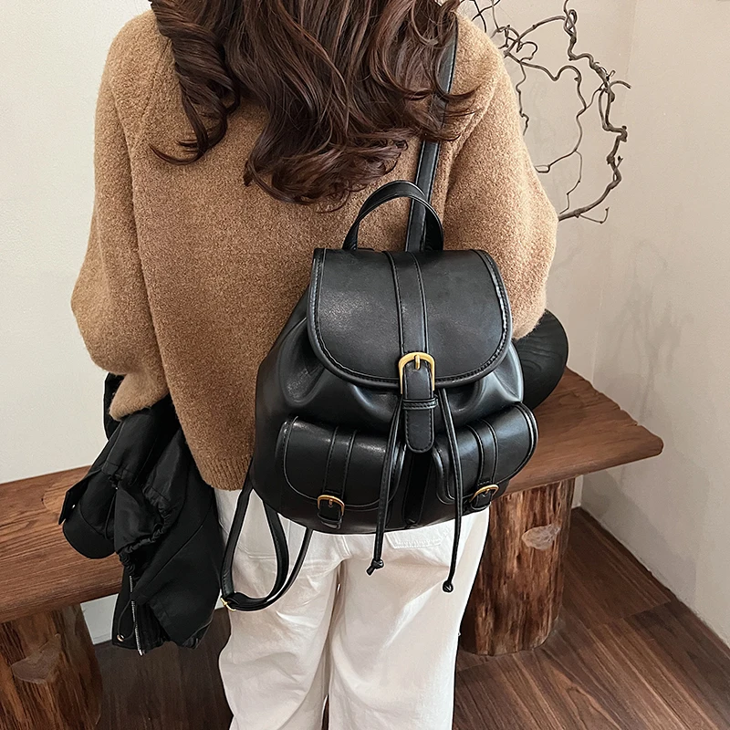 LEFTSIDE Women Retro Small Double Pockets PU Leather Backpacks 2024 Winter Y2K Korean Fashion Backpack School Student Back Packs