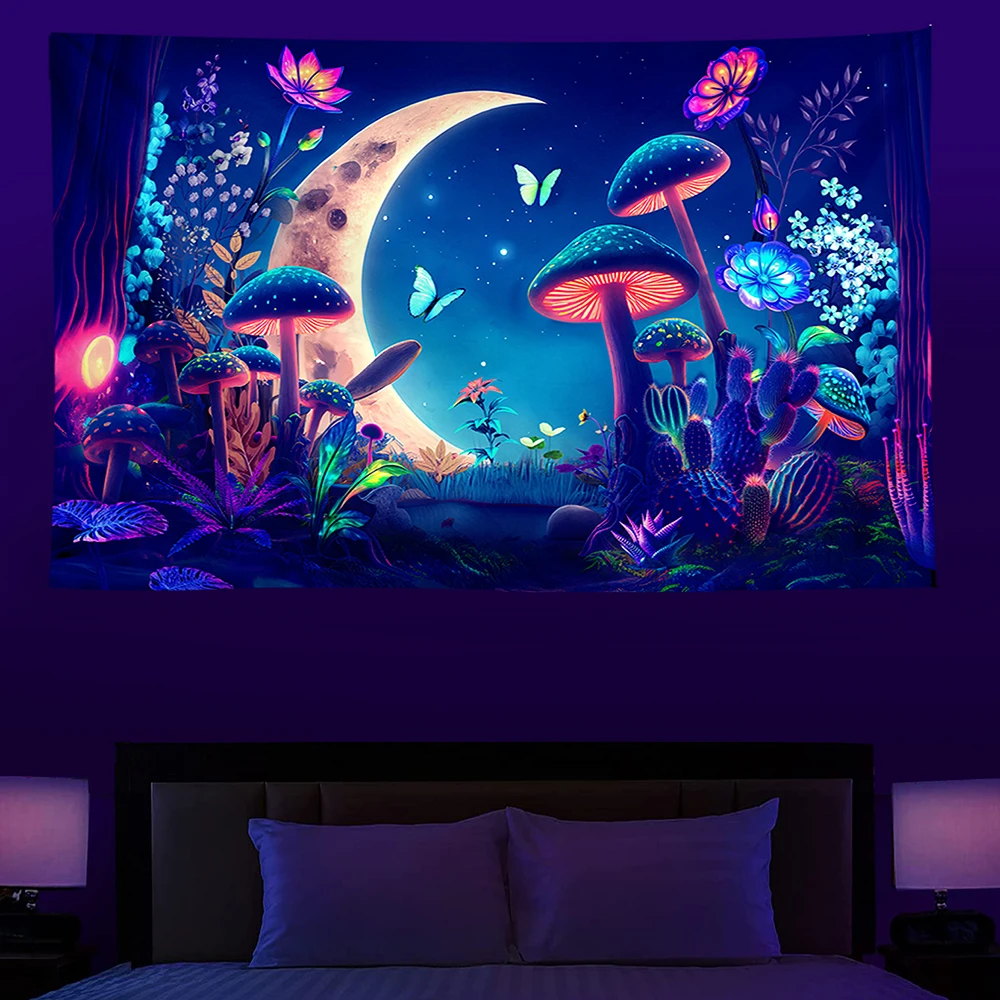 UV Crescent Moon plant mushroom tapestry print wall hanging bohemian wall tapestry star wall art room decoration