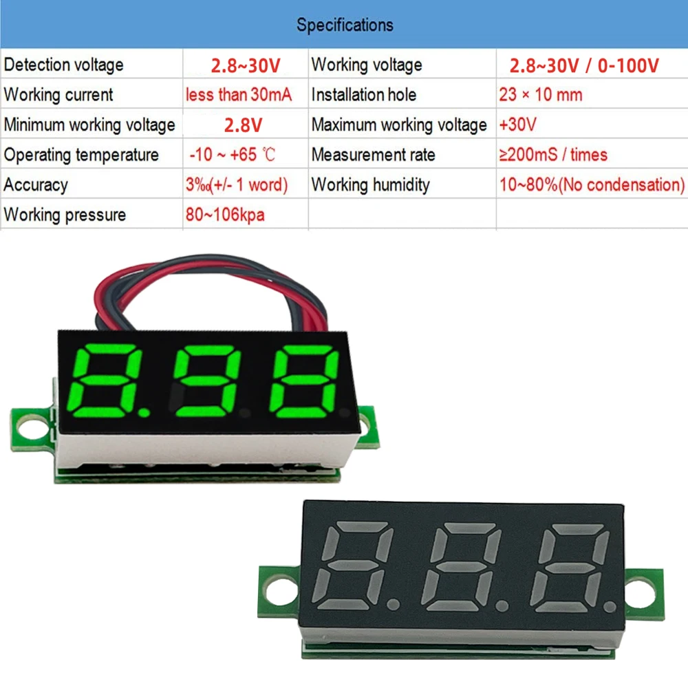 Voltímetro Digital LED DC para coche, medidor de voltaje de 0,28 V-30V, 5 piezas, 2,8 pulgadas, 12V, rojo, verde, azul