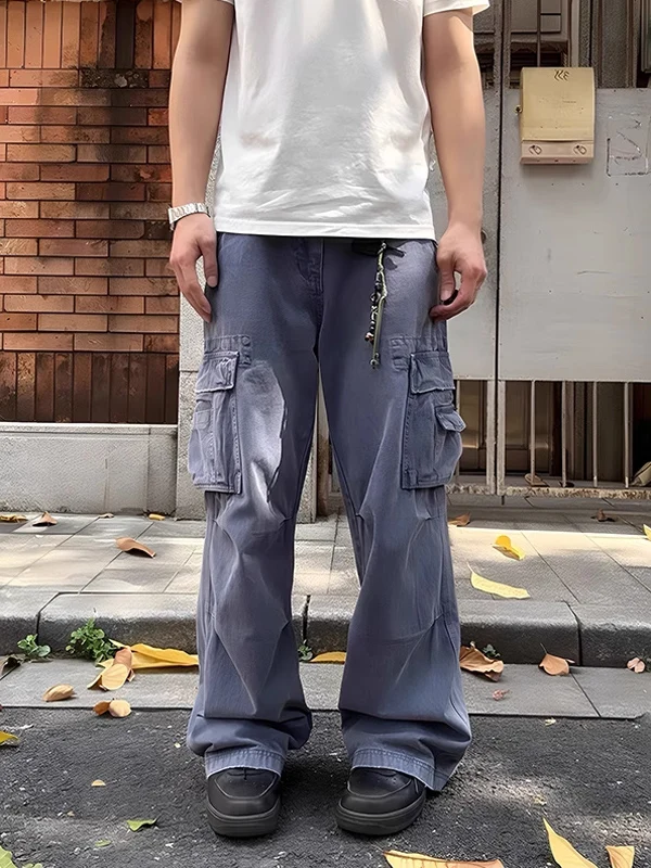 

Свободные прямые мужские брюки в стиле ретро, повседневные брюки French Sle, классические прямые джинсы-трубы, синий хлопок