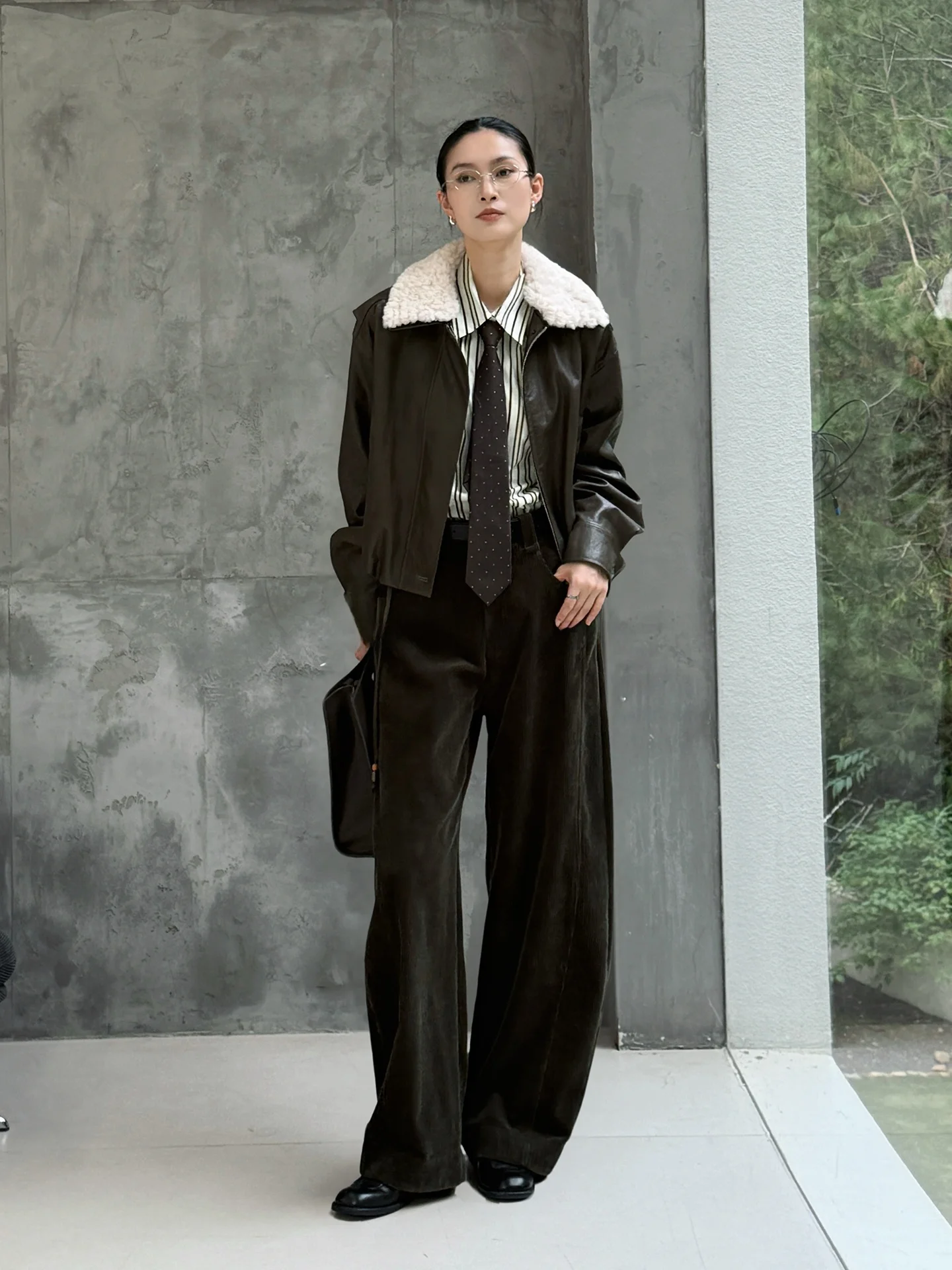 

Casual Sle Military een Leather Jaet with Fur Collar Barna Wind JIEJI Zhang Women's Coat ort Thiened Zipper Closure