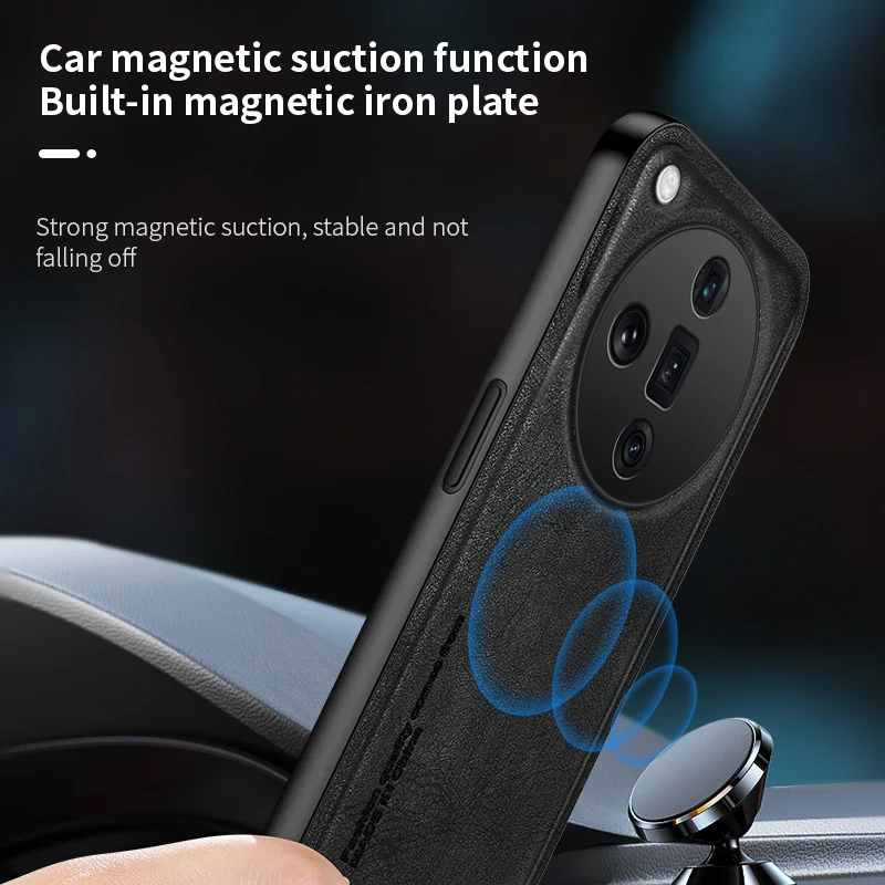 Retro PU Leather Case Build-in Iron Plate on Magnet Car Mount Shockproof Cover For OPPO Find X7 Ultra