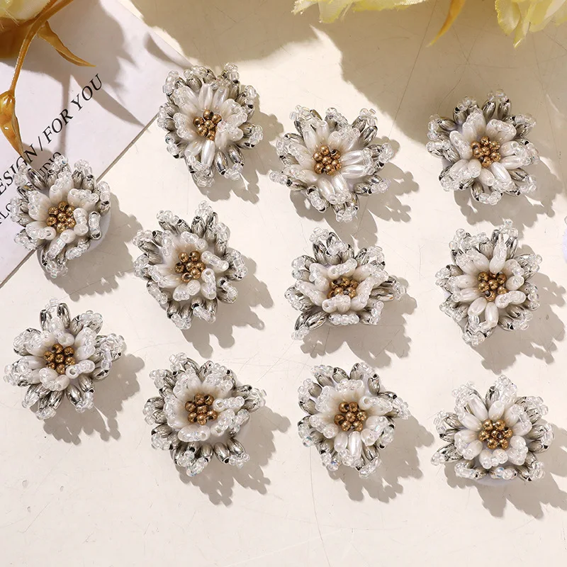 Fabric Patch Beaded Flower Pearl 1 Piece Multicolor Handmade Layered DIY Clogs Shoe Decoration for Women Daily Transparent