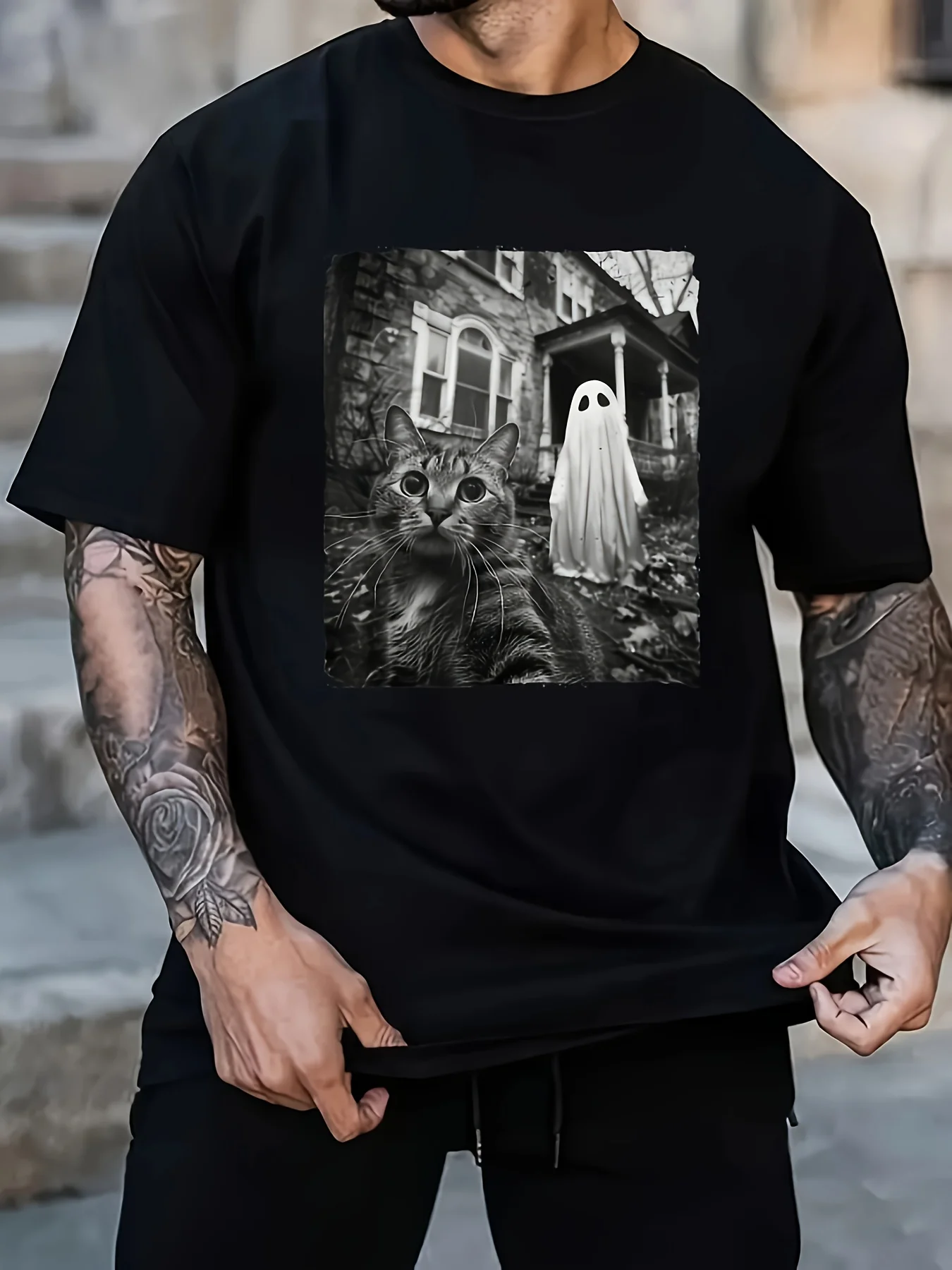 Funny Cat Selfie Ghost Halloween House Photo Haunted Spooky T-Shirt, 100% Cotton 180G, Black Round Neck, Soft And Comfortable, C